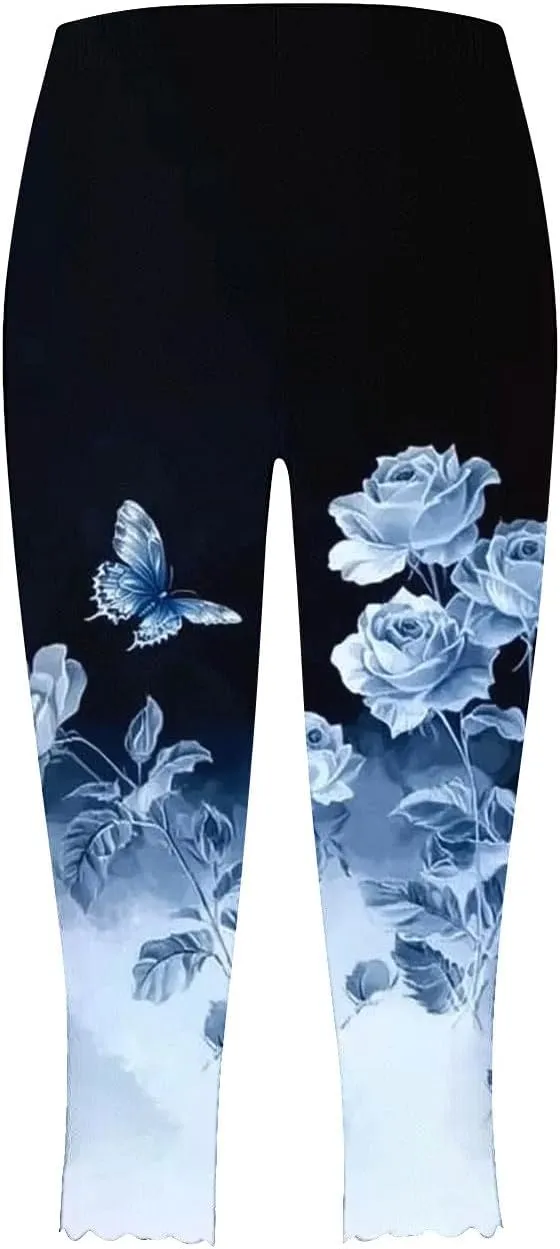 Capri Leggings for Women Floral Print High Waist Capris Pants Tummy Control Knee Length Slim Fit Yoga Trouser 2025