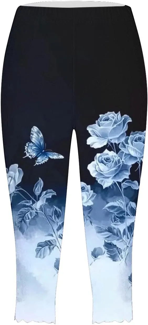 Capri Leggings for Women Floral Print High Waist Capris Pants Tummy Control Knee Length Slim Fit Yoga Trouser 2025