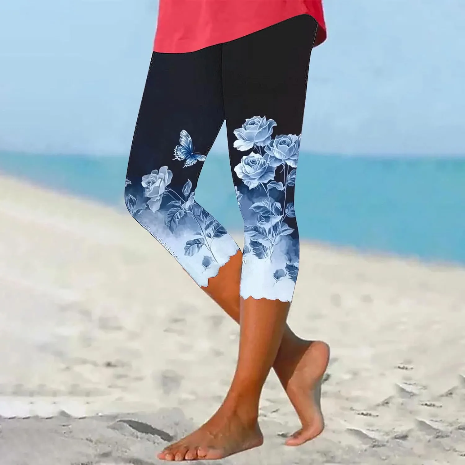 Capri Leggings for Women Floral Print High Waist Capris Pants Tummy Control Knee Length Slim Fit Yoga Trouser 2025