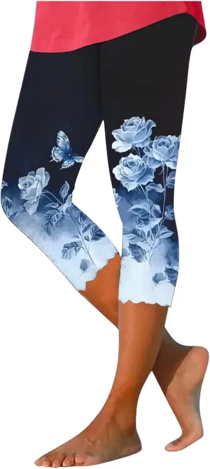 Capri Leggings for Women Floral Print High Waist Capris Pants Tummy Control Knee Length Slim Fit Yoga Trouser 2025