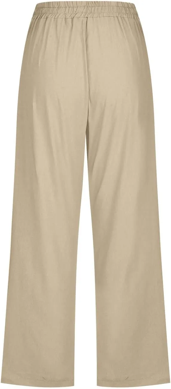 Capri Pants for Women Casual 2025 Summer Drawstring Elastic High Waist Linen Pant Straight Wide Leg Cropped Trouser