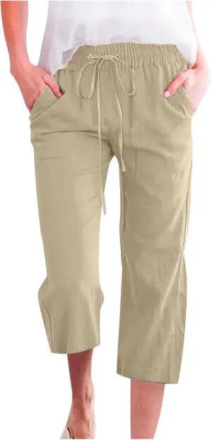Capri Pants for Women Casual 2025 Summer Drawstring Elastic High Waist Linen Pant Straight Wide Leg Cropped Trouser