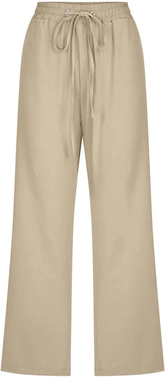 Capri Pants for Women Casual 2025 Summer Drawstring Elastic High Waist Linen Pant Straight Wide Leg Cropped Trouser