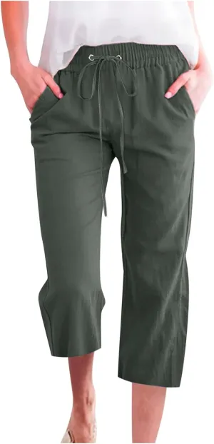 Capri Pants for Women Casual 2025 Summer Drawstring Elastic High Waist Linen Pant Straight Wide Leg Cropped Trouser