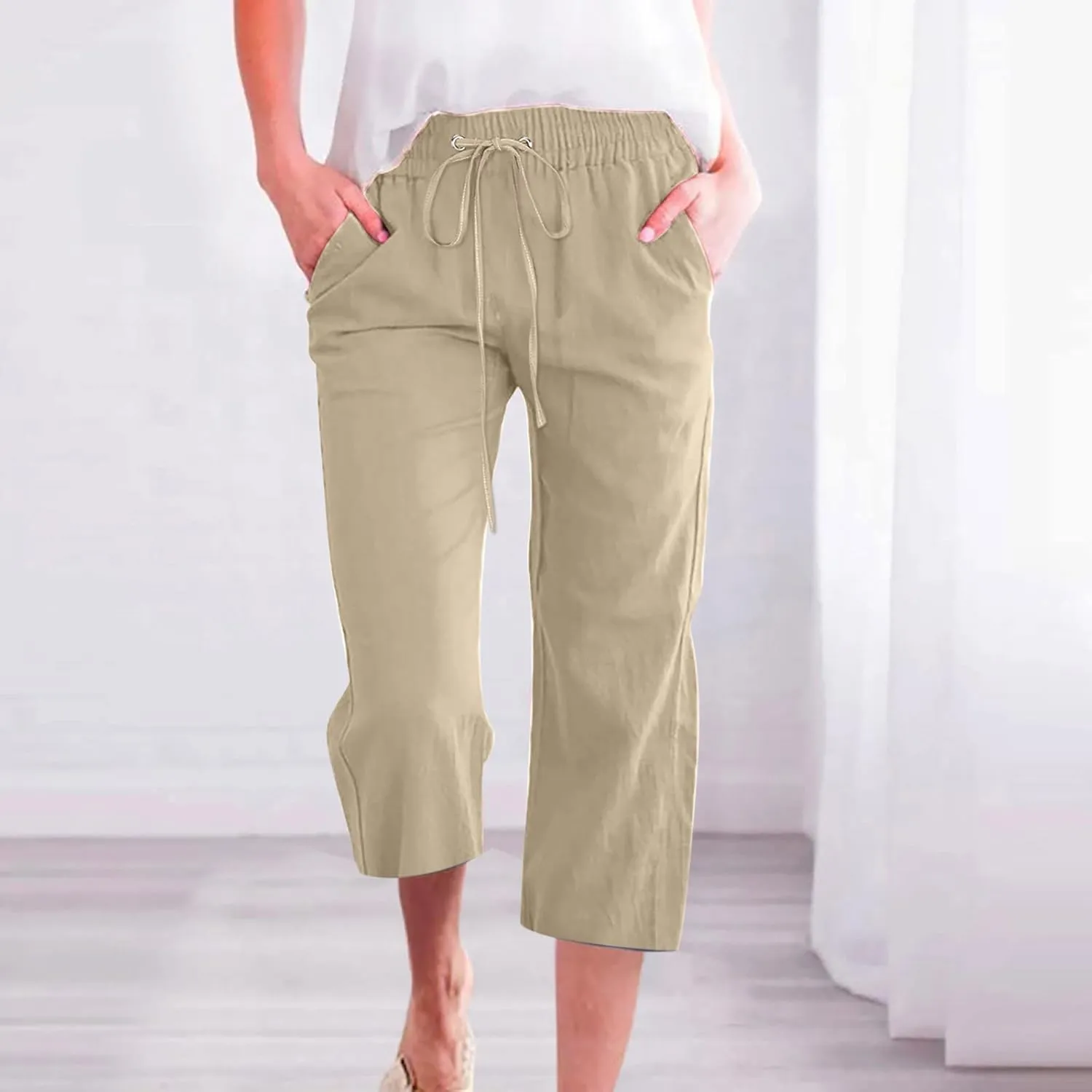 Capri Pants for Women Casual 2025 Summer Drawstring Elastic High Waist Linen Pant Straight Wide Leg Cropped Trouser