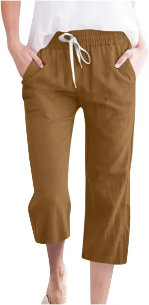 Capri Pants for Women Casual 2025 Summer Drawstring Elastic High Waist Linen Pant Straight Wide Leg Cropped Trousers