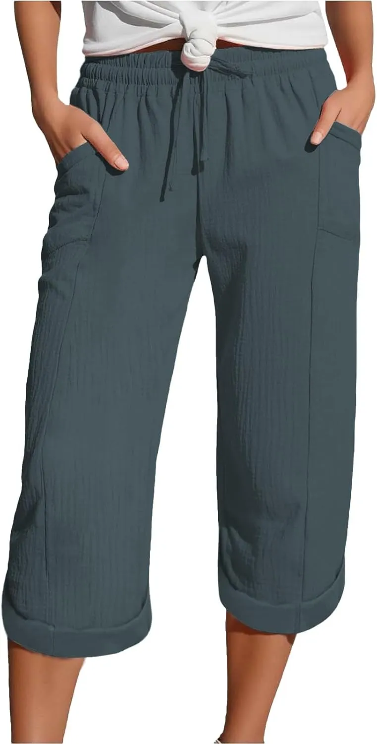 Capri Pants for Women Casual Summer Drawstring Elastic High Waist Linen Pant Cotton Linen Yoga Cropped Trousers