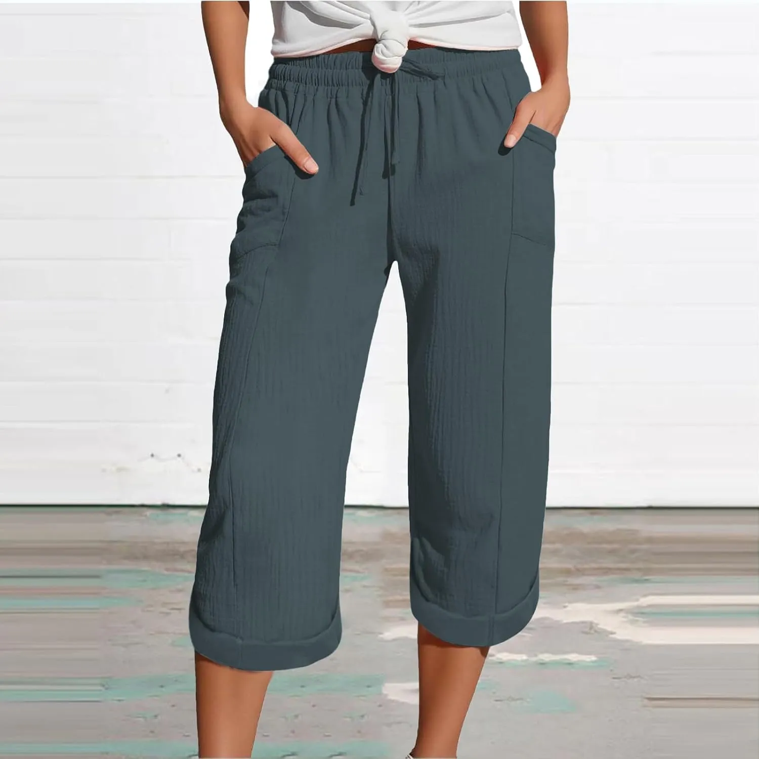 Capri Pants for Women Casual Summer Drawstring Elastic High Waist Linen Pant Cotton Linen Yoga Cropped Trousers