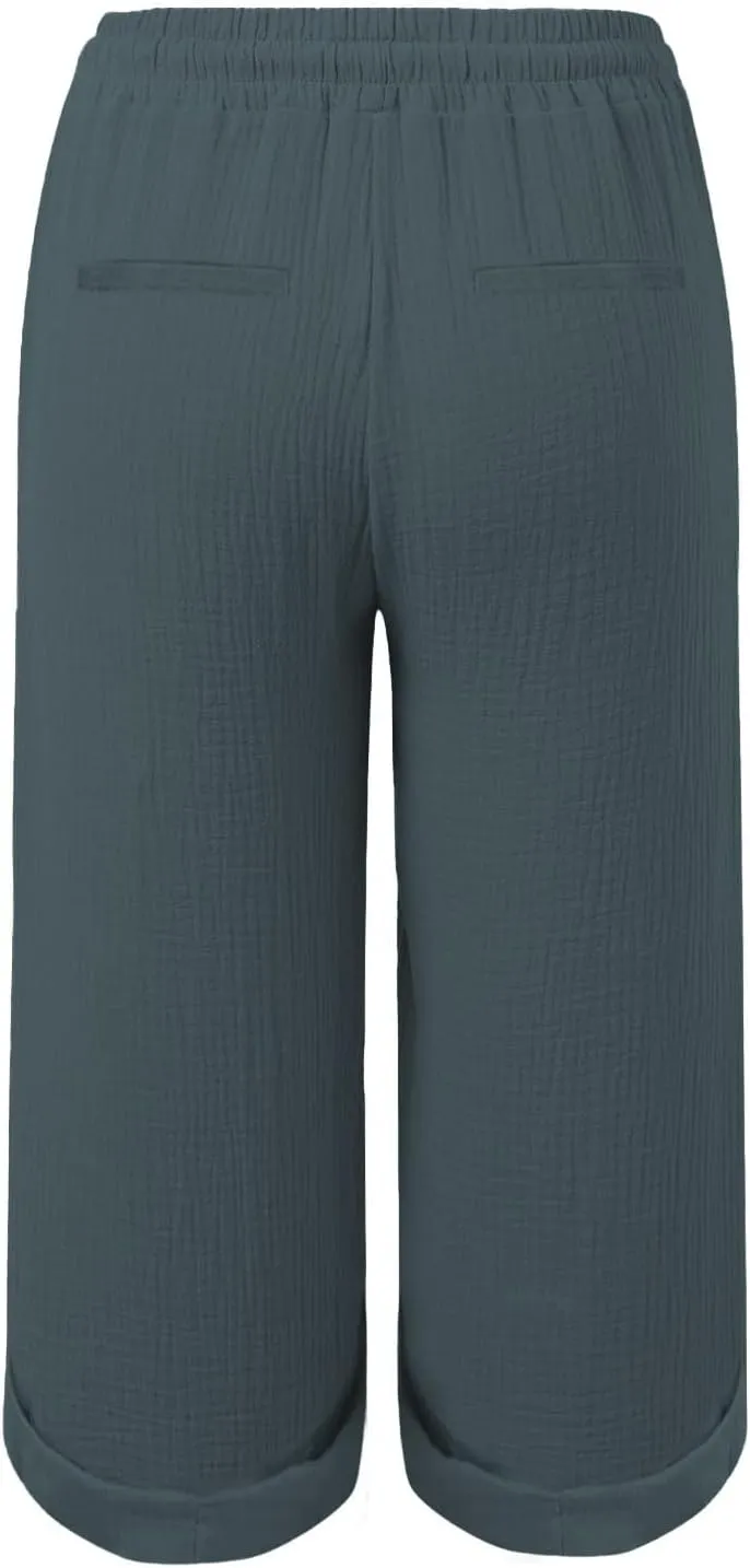 Capri Pants for Women Casual Summer Drawstring Elastic High Waist Linen Pant Cotton Linen Yoga Cropped Trousers