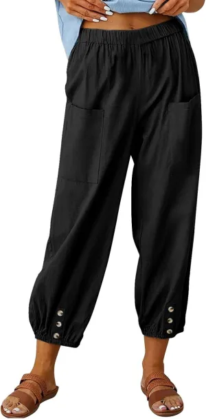 Capri Pants for Women Summer 2024 High Waisted Cotton Linen Cropped Pants Elastic Button Down Trousers with Pockets