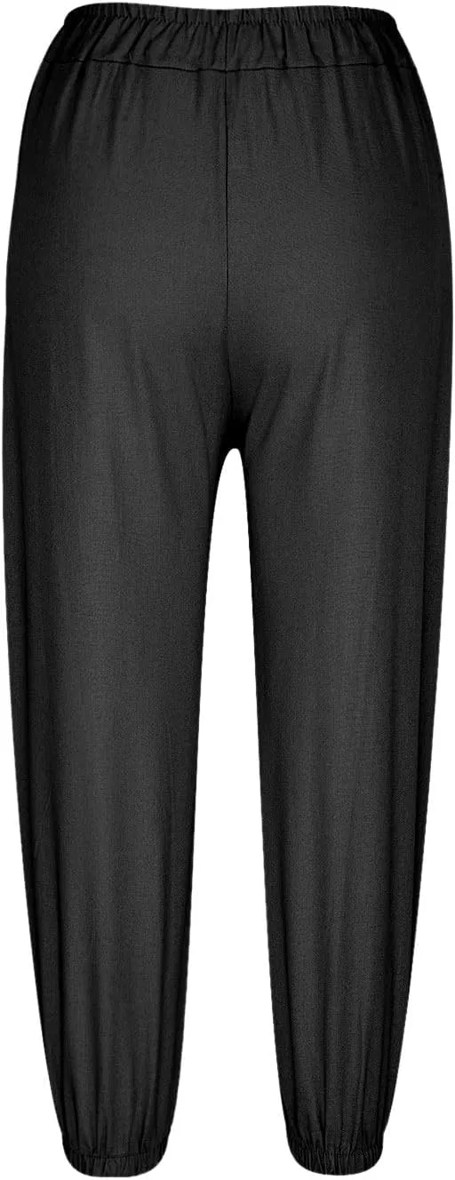 Capri Pants for Women Summer 2024 High Waisted Cotton Linen Cropped Pants Elastic Button Down Trousers with Pockets