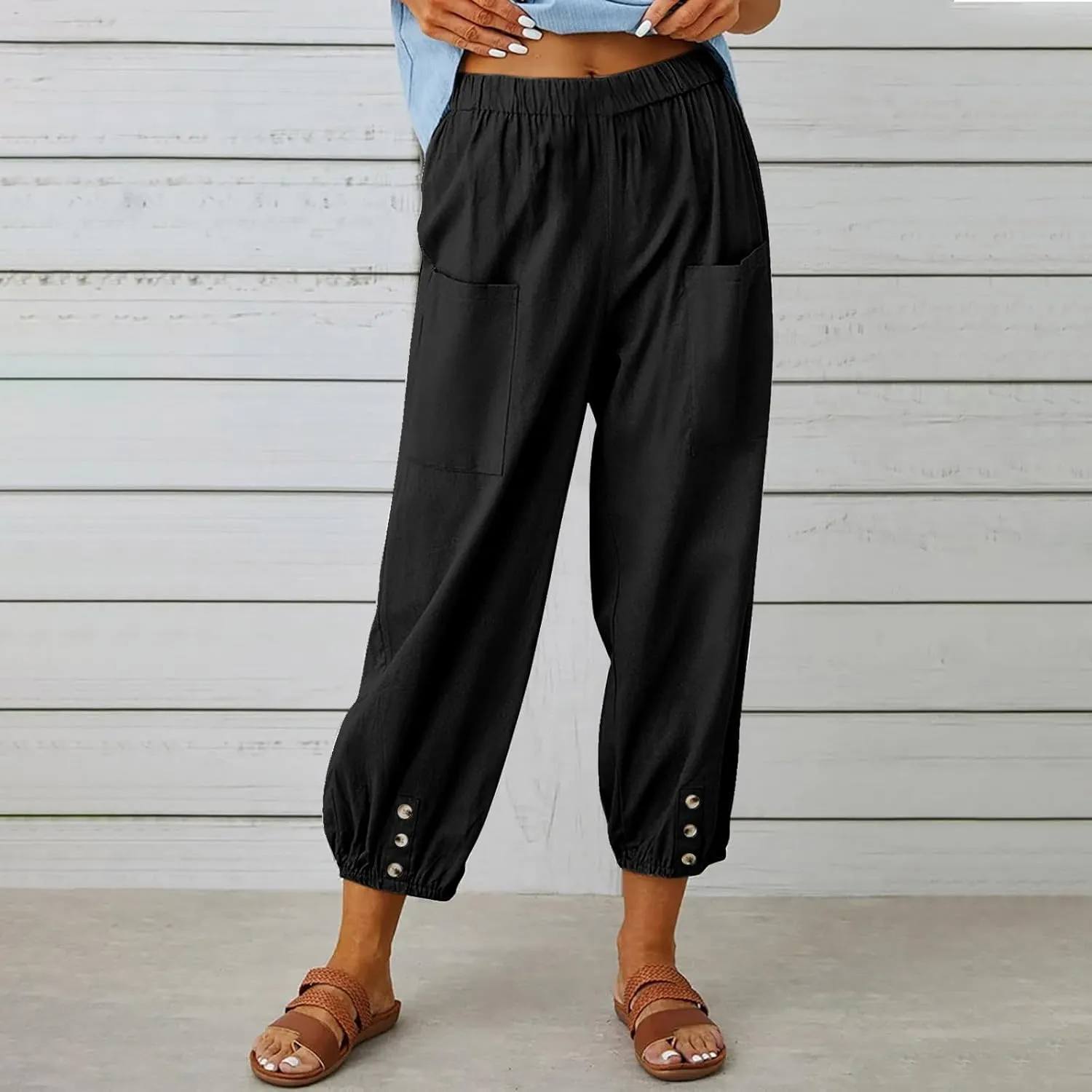 Capri Pants for Women Summer 2024 High Waisted Cotton Linen Cropped Pants Elastic Button Down Trousers with Pockets
