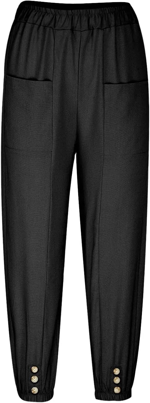 Capri Pants for Women Summer 2024 High Waisted Cotton Linen Cropped Pants Elastic Button Down Trousers with Pockets
