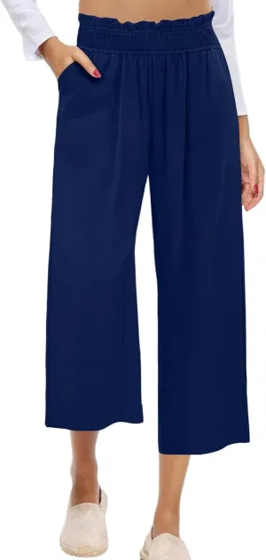 Capri Pants for Women Summer Linen Elastic Waisted Cropped Pants Straight Flowy Wide Leg Trousers with Pockets