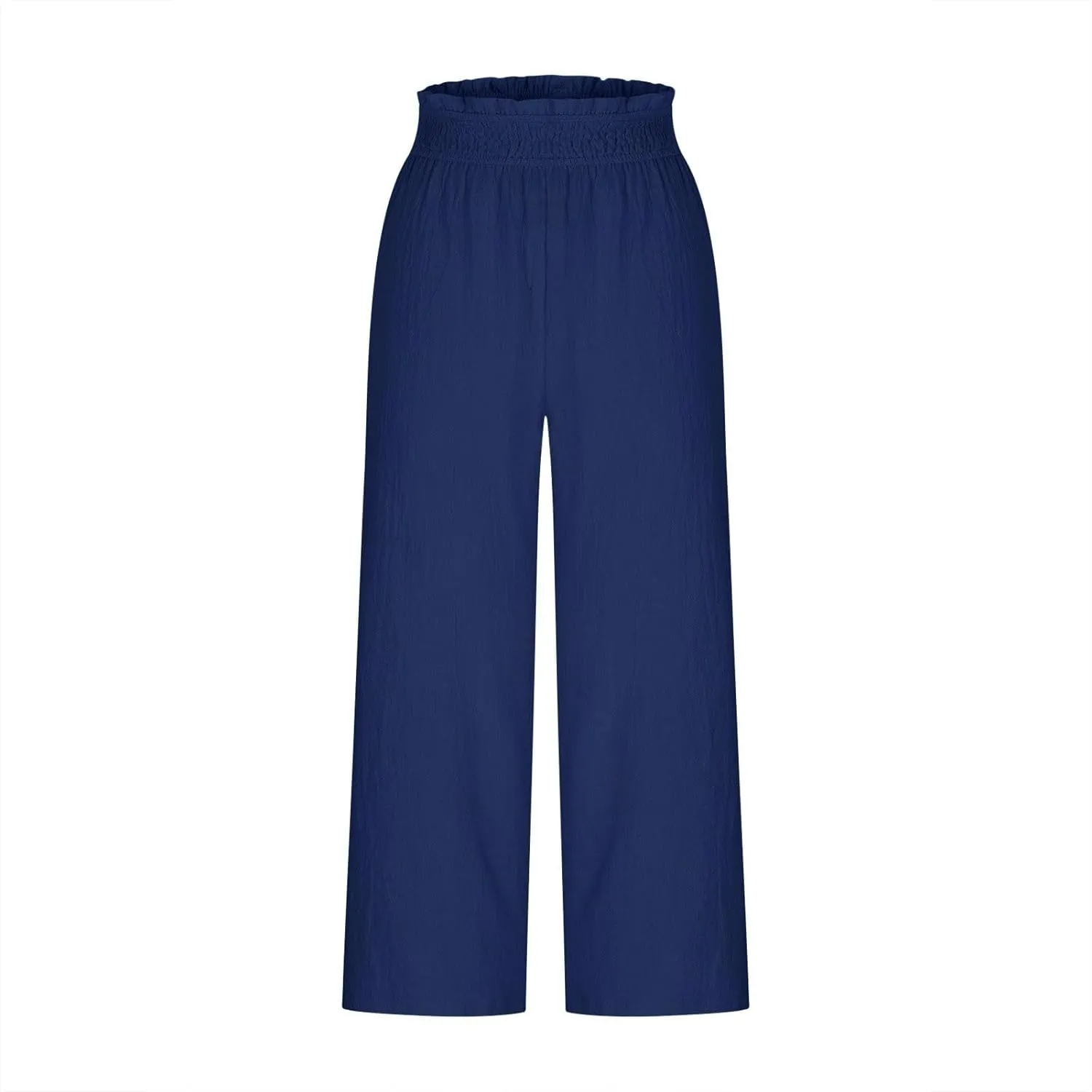 Capri Pants for Women Summer Linen Elastic Waisted Cropped Pants Straight Flowy Wide Leg Trousers with Pockets