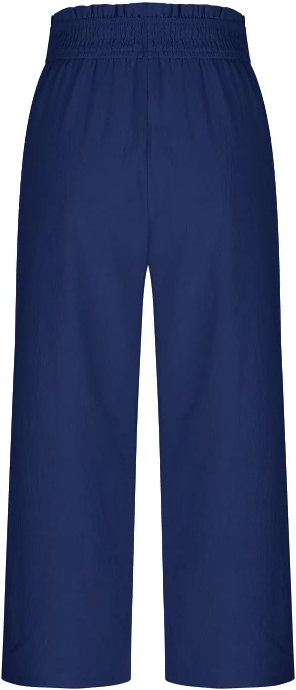 Capri Pants for Women Summer Linen Elastic Waisted Cropped Pants Straight Flowy Wide Leg Trousers with Pockets