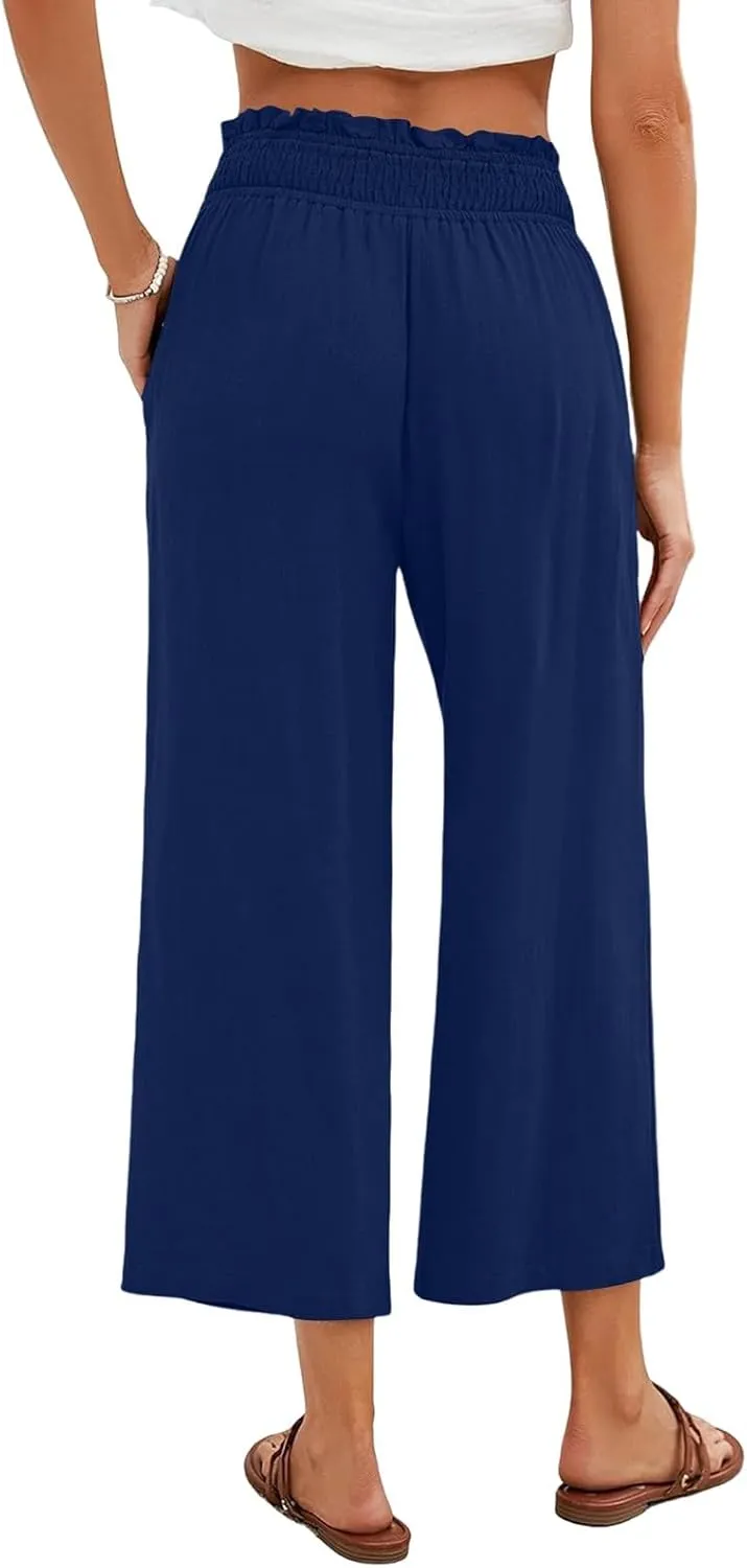 Capri Pants for Women Summer Linen Elastic Waisted Cropped Pants Straight Flowy Wide Leg Trousers with Pockets