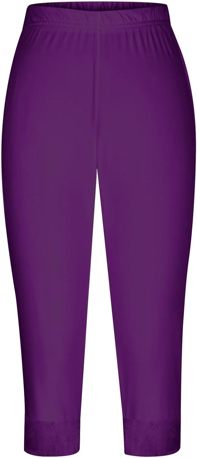 Capri Yoga Pants for Women Lace Trim 3/4 Length Cropped Leggings High Waist Stretch Workout Lounge Tights