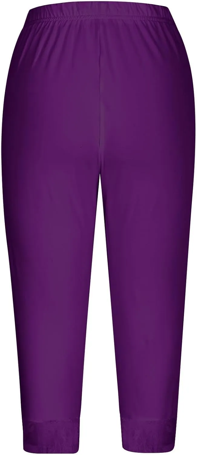 Capri Yoga Pants for Women Lace Trim 3/4 Length Cropped Leggings High Waist Stretch Workout Lounge Tights