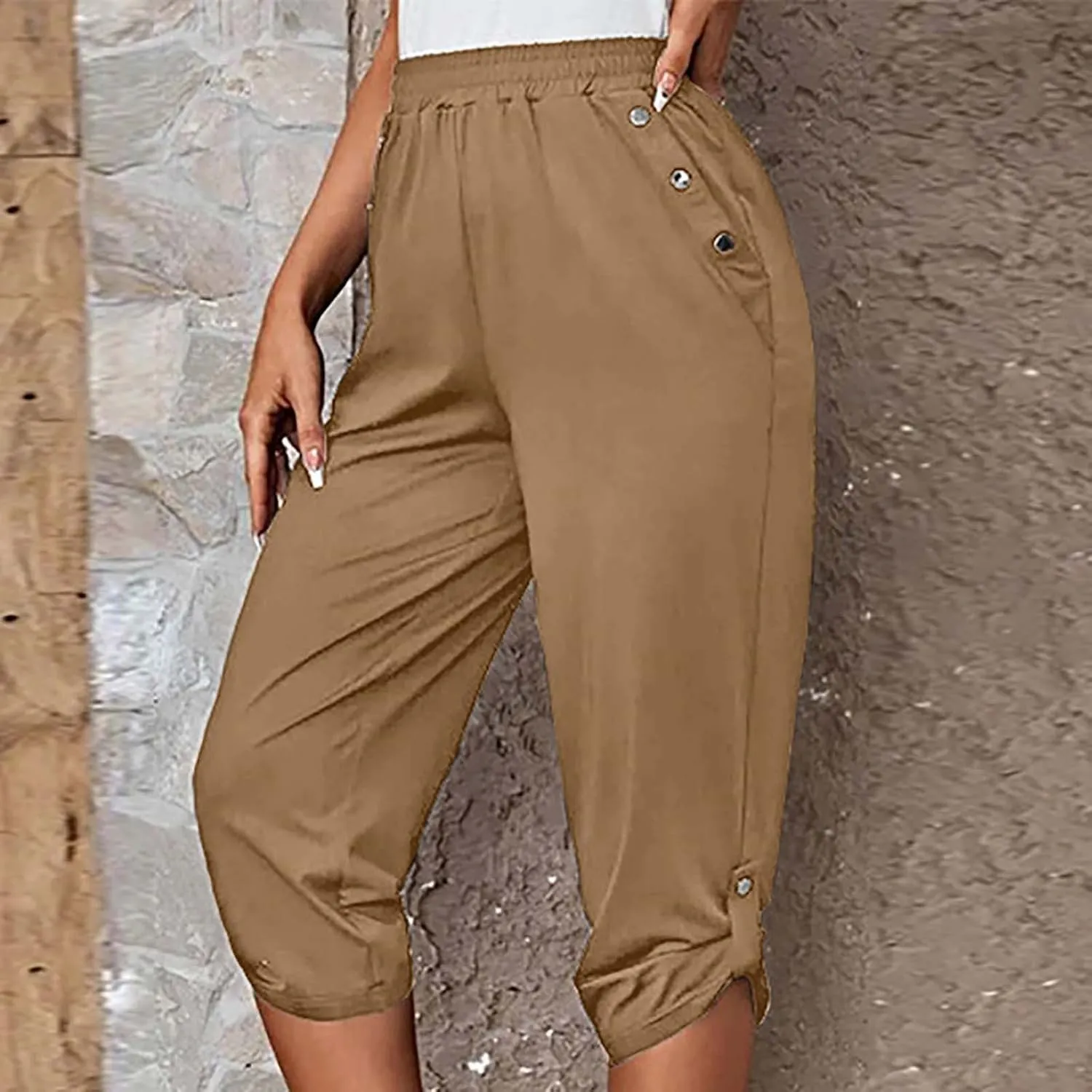 Capris Pants for Women Casual Summer Stretch Linen Capri High Waisted Lounge Baggy Cropped Trousers Ankle Pants with Pockets
