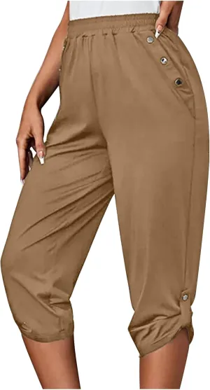 Capris Pants for Women Casual Summer Stretch Linen Capri High Waisted Lounge Baggy Cropped Trousers Ankle Pants with Pockets