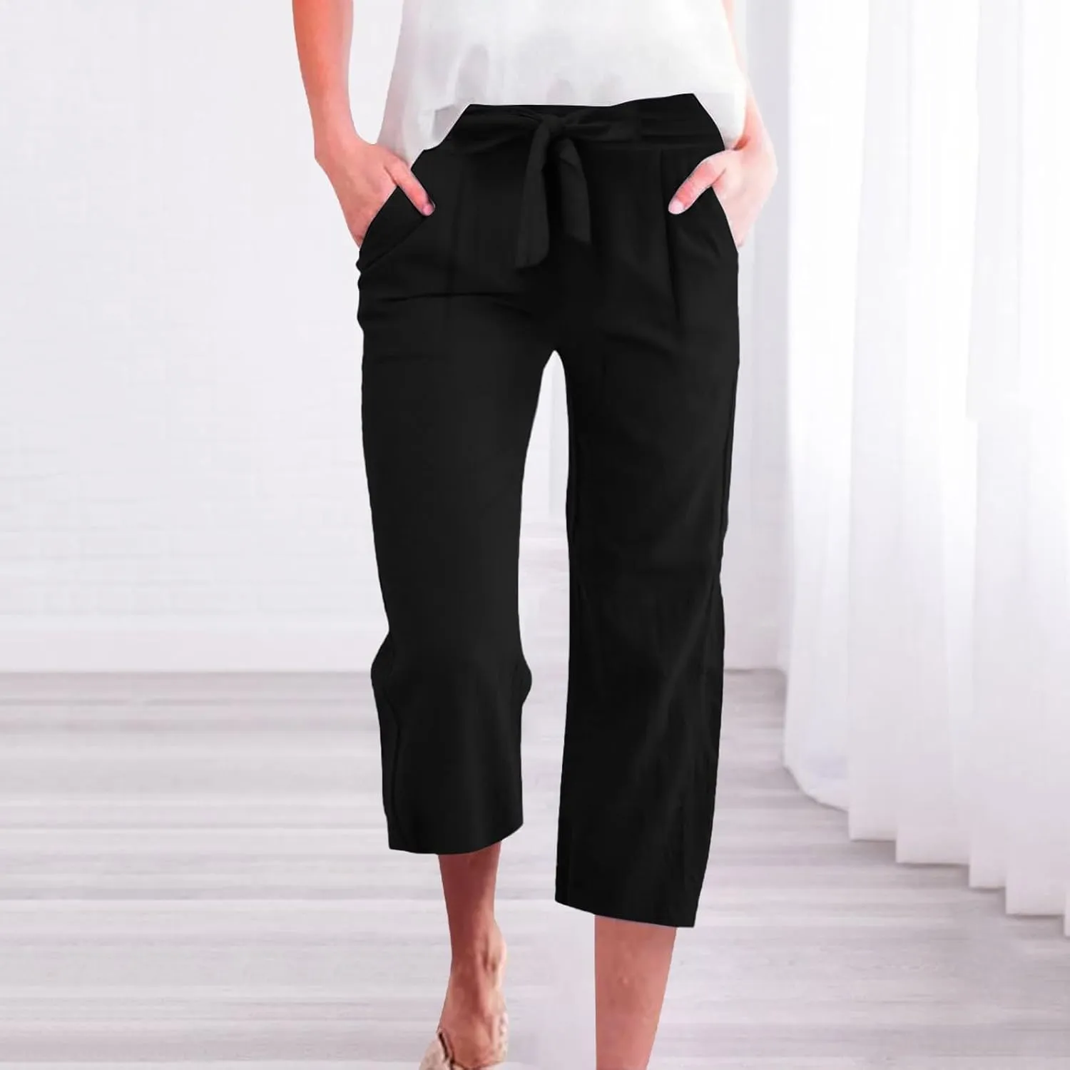 Capris Pants for Women Cotton Linen Casual Summer 2025 Straight Wide Leg Drawstring Elastic Waist Cropped Trouser