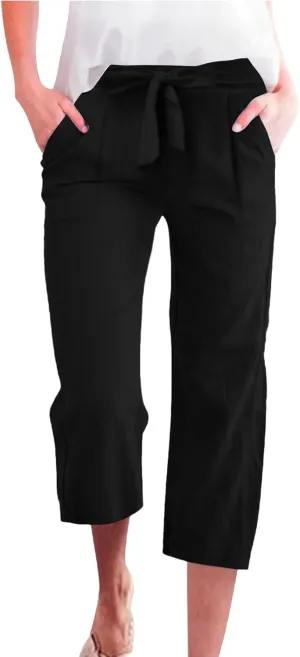 Capris Pants for Women Cotton Linen Casual Summer 2025 Straight Wide Leg Drawstring Elastic Waist Cropped Trouser