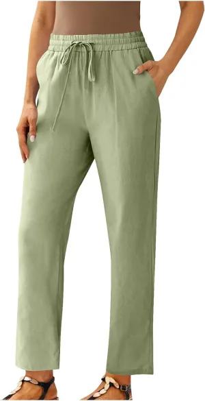 Capris Pants for Women Cotton Linen Casual Summer Straight Wide Leg Beach Drawstring Elastic Waist Cropped Trousers