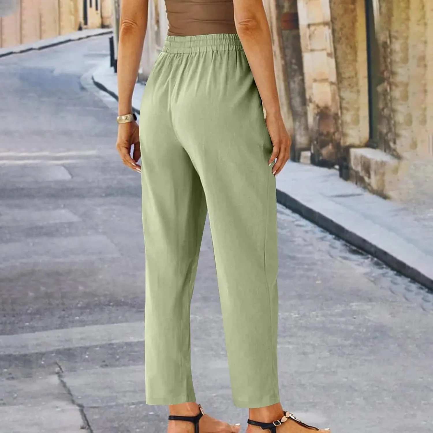 Capris Pants for Women Cotton Linen Casual Summer Straight Wide Leg Beach Drawstring Elastic Waist Cropped Trousers