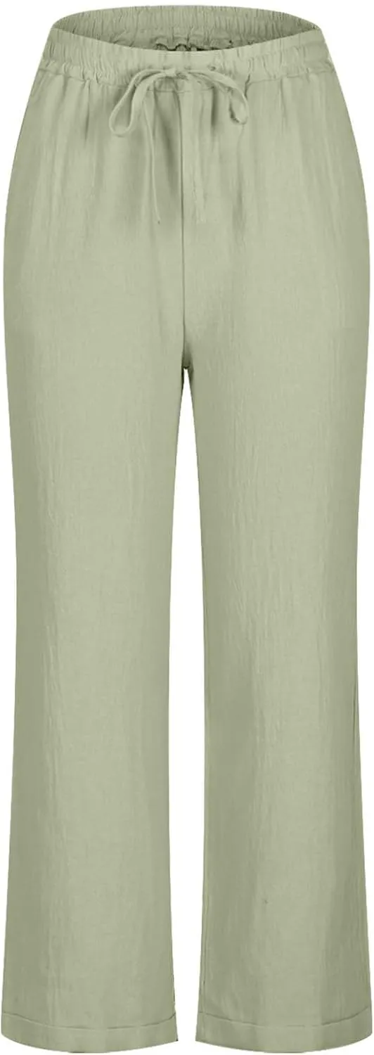 Capris Pants for Women Cotton Linen Casual Summer Straight Wide Leg Beach Drawstring Elastic Waist Cropped Trousers