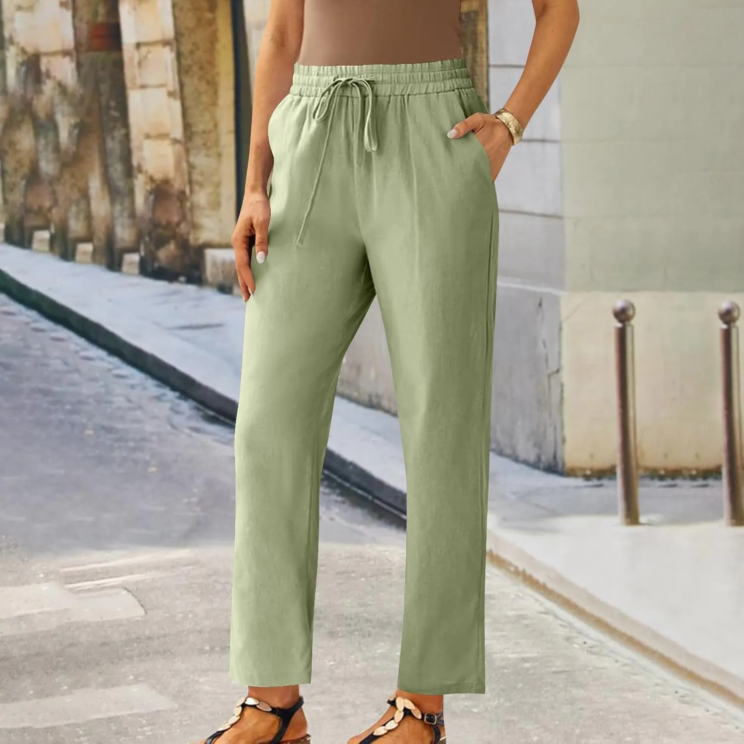 Capris Pants for Women Cotton Linen Casual Summer Straight Wide Leg Beach Drawstring Elastic Waist Cropped Trousers