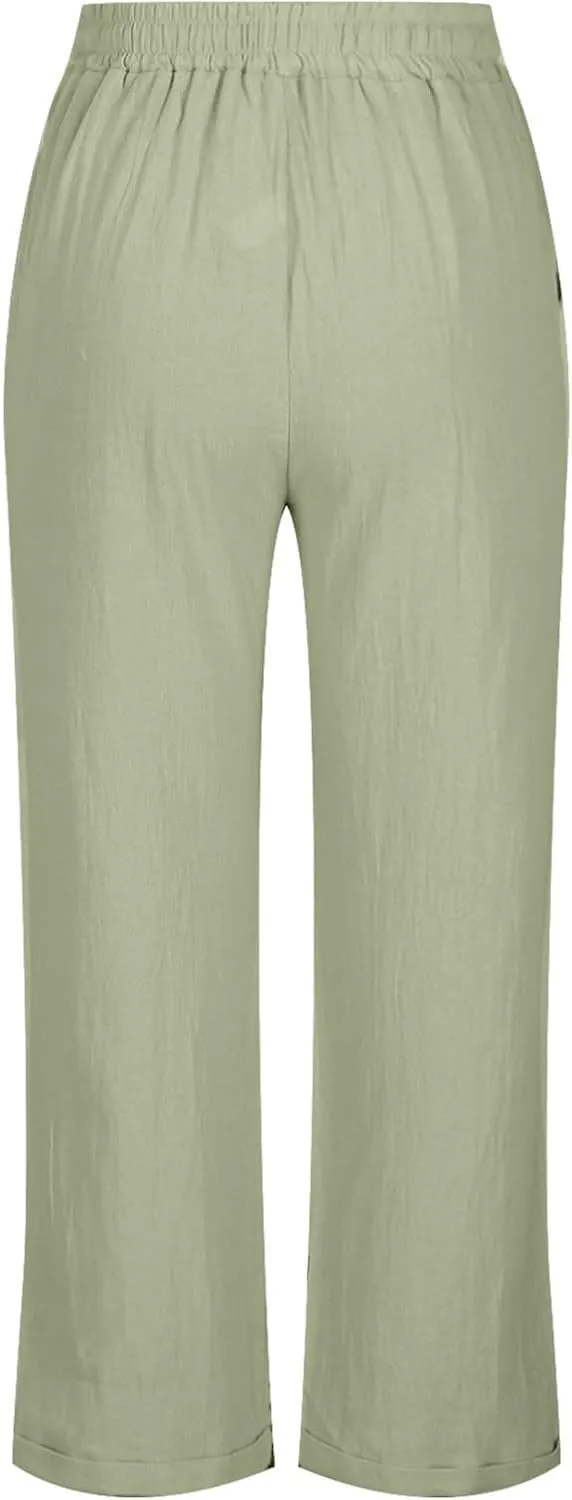 Capris Pants for Women Cotton Linen Casual Summer Straight Wide Leg Beach Drawstring Elastic Waist Cropped Trousers
