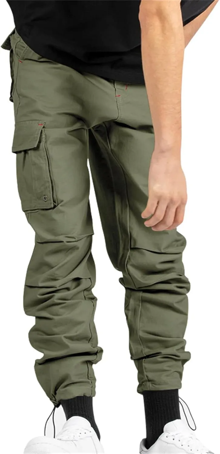Cargo Pants for Men Hiking Stretch Casual Trendy Pants Elastic Waist Drawstring Outdoor Workout Trousers with Pockets