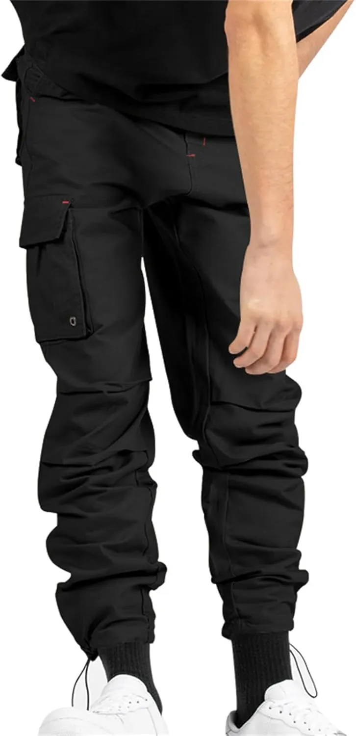 Cargo Pants for Men Hiking Stretch Casual Trendy Pants Elastic Waist Drawstring Outdoor Workout Trousers with Pockets