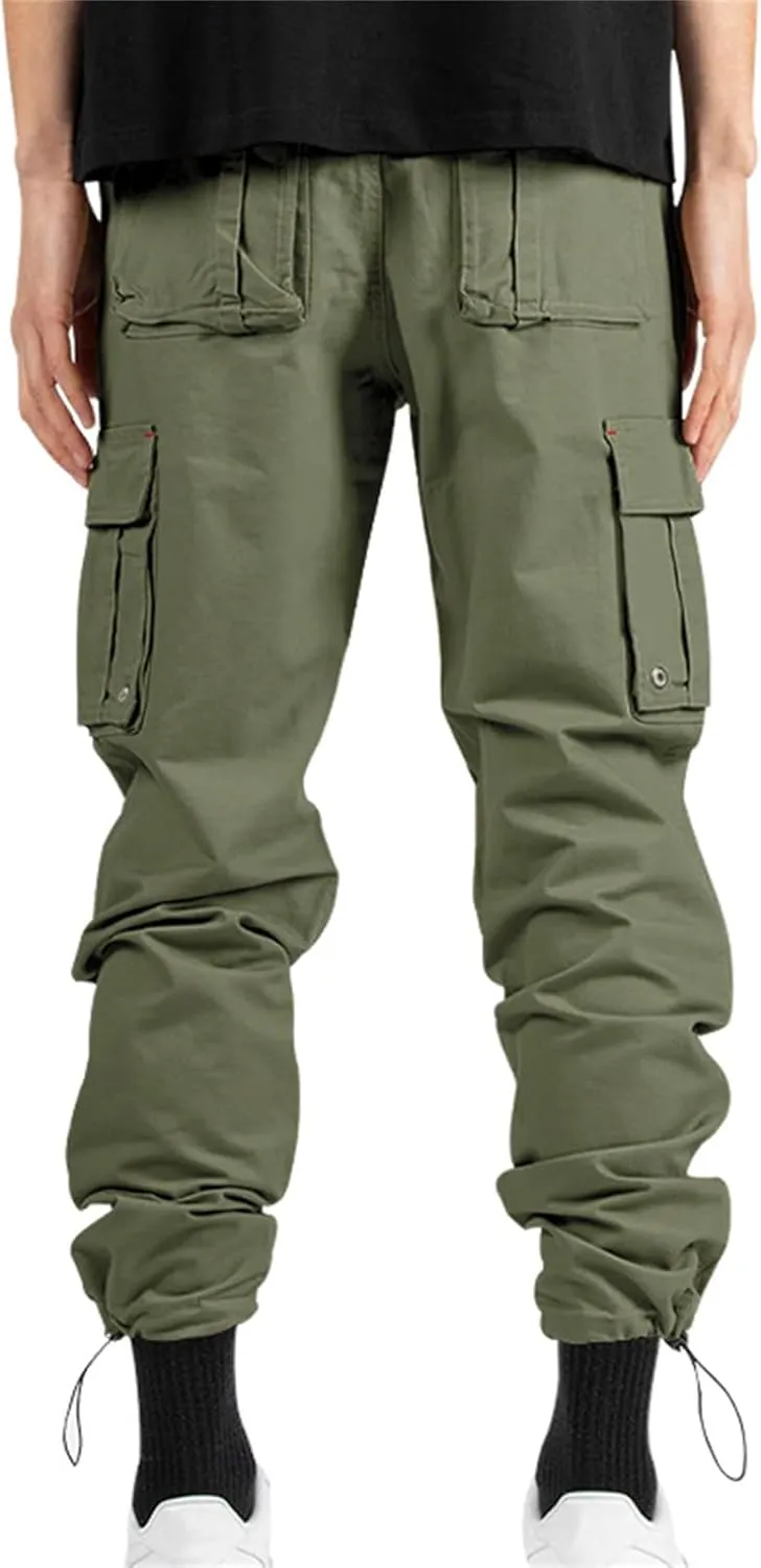 Cargo Pants for Men Hiking Stretch Casual Trendy Pants Elastic Waist Drawstring Outdoor Workout Trousers with Pockets