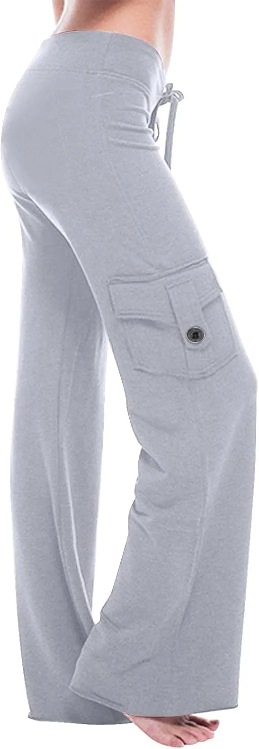 Cargo Yoga Pants for Women High Waist Stretch Flare Trousers Drawstring Waist Workout Sweatpants with Side Pockets