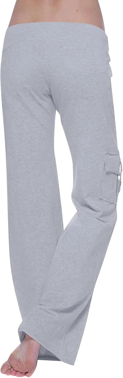 Cargo Yoga Pants for Women High Waist Stretch Flare Trousers Drawstring Waist Workout Sweatpants with Side Pockets