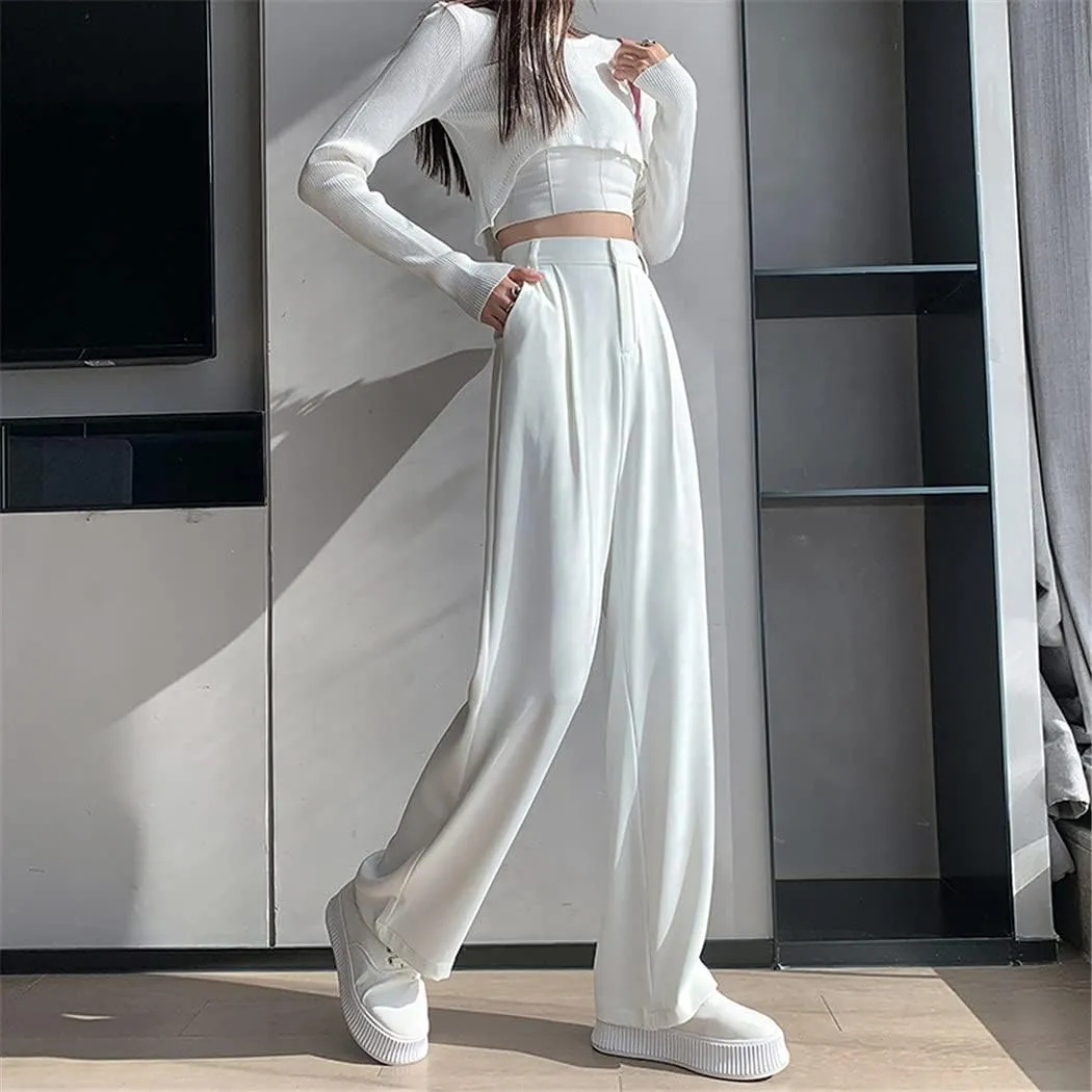 Casual High Waist Loose Wide Leg Pants for Women, Spring Summer Loose Female Floor-Length White Suits Trousers