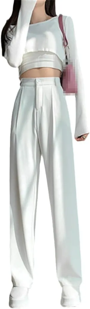 Casual High Waist Loose Wide Leg Pants for Women, Spring Summer Loose Female Floor-Length White Suits Trousers