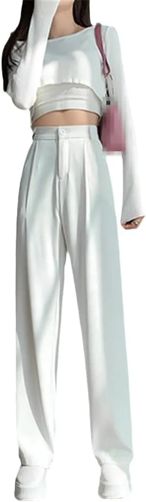 Casual High Waist Loose Wide Leg Pants for Women, Spring Summer Loose Female Floor-Length White Suits Trousers