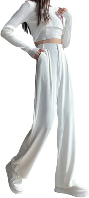 Casual High Waist Loose Wide Leg Pants for Women, Spring Summer Loose Female Floor-Length White Suits Trousers