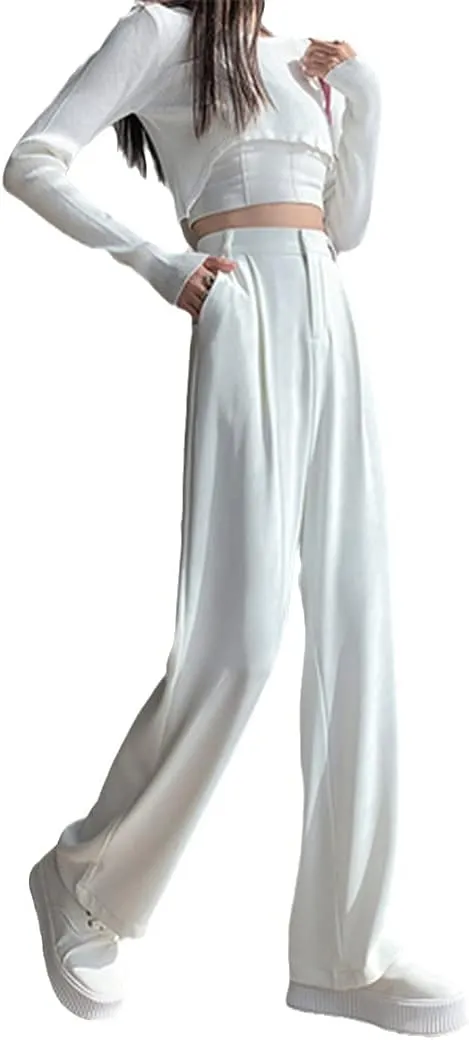 Casual High Waist Loose Wide Leg Pants for Women, Spring Summer Loose Female Floor-Length White Suits Trousers