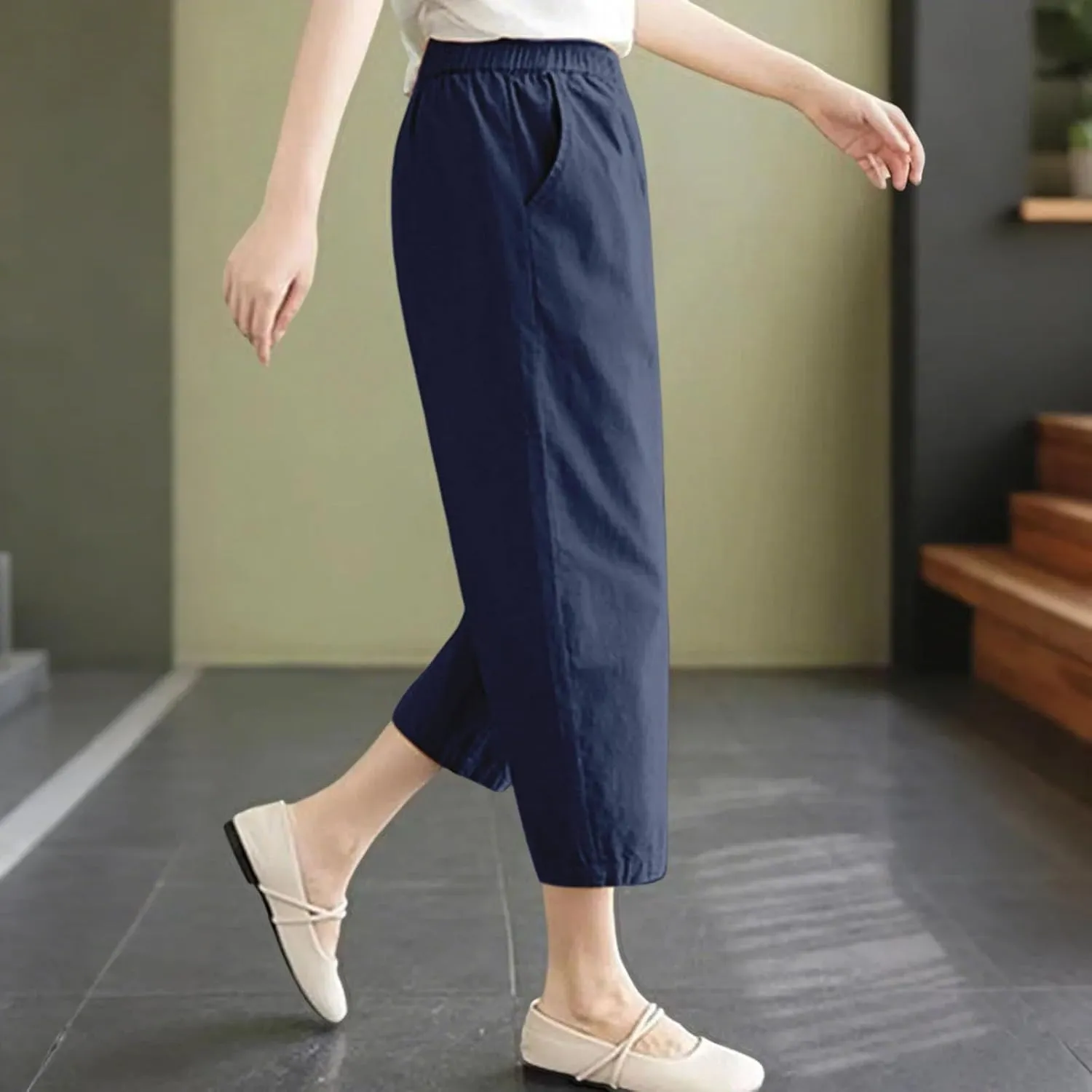 Casual Pants for Women 2025 Summer Linen Elastic Waist Capri Trousers Lightweight Breathable Hiking Pants with Pocket