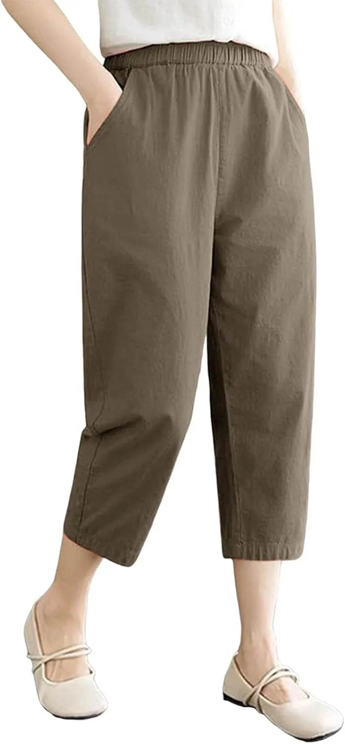 Casual Pants for Women 2025 Summer Linen Elastic Waist Capri Trousers Lightweight Breathable Hiking Pants with Pocket