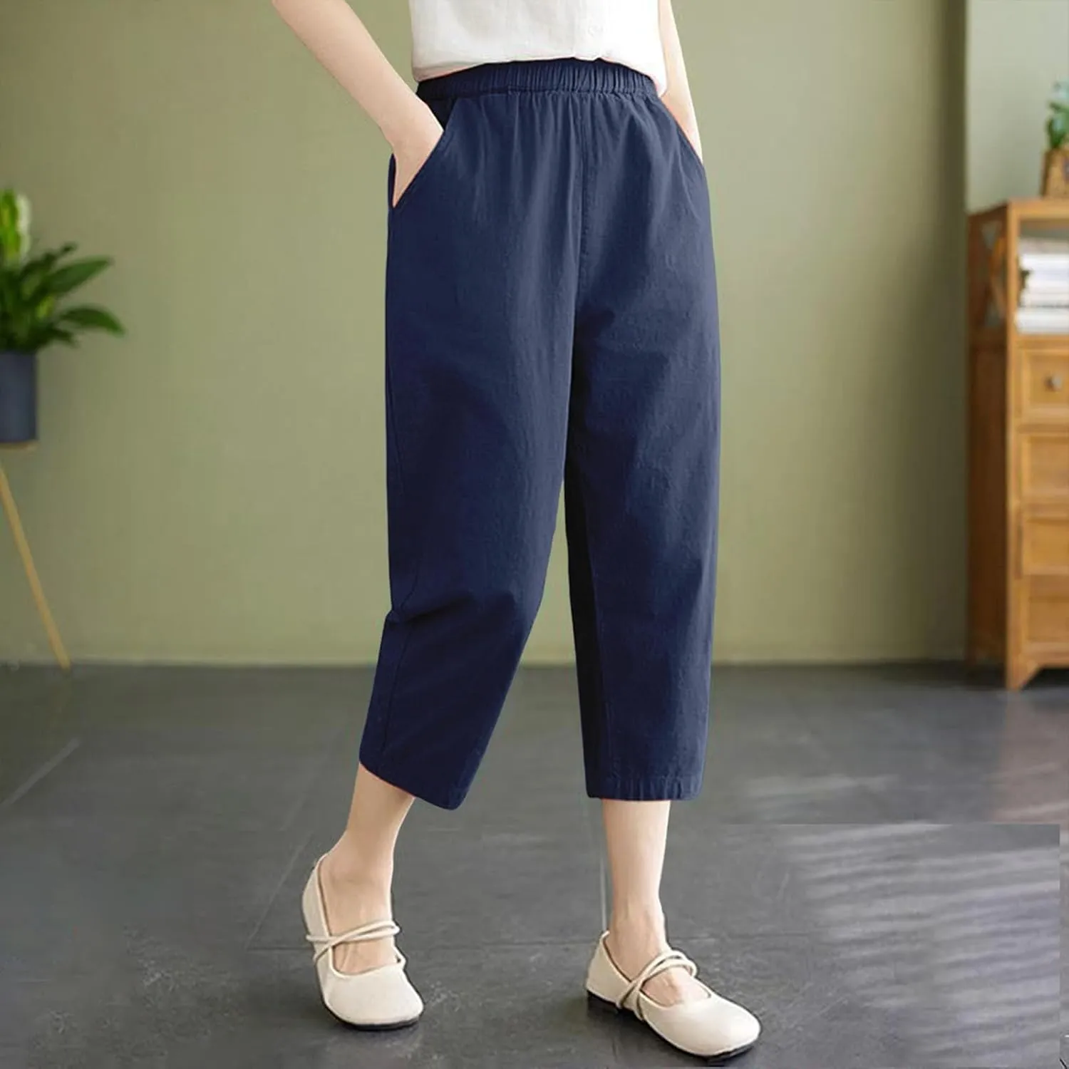 Casual Pants for Women 2025 Summer Linen Elastic Waist Capri Trousers Lightweight Breathable Hiking Pants with Pocket