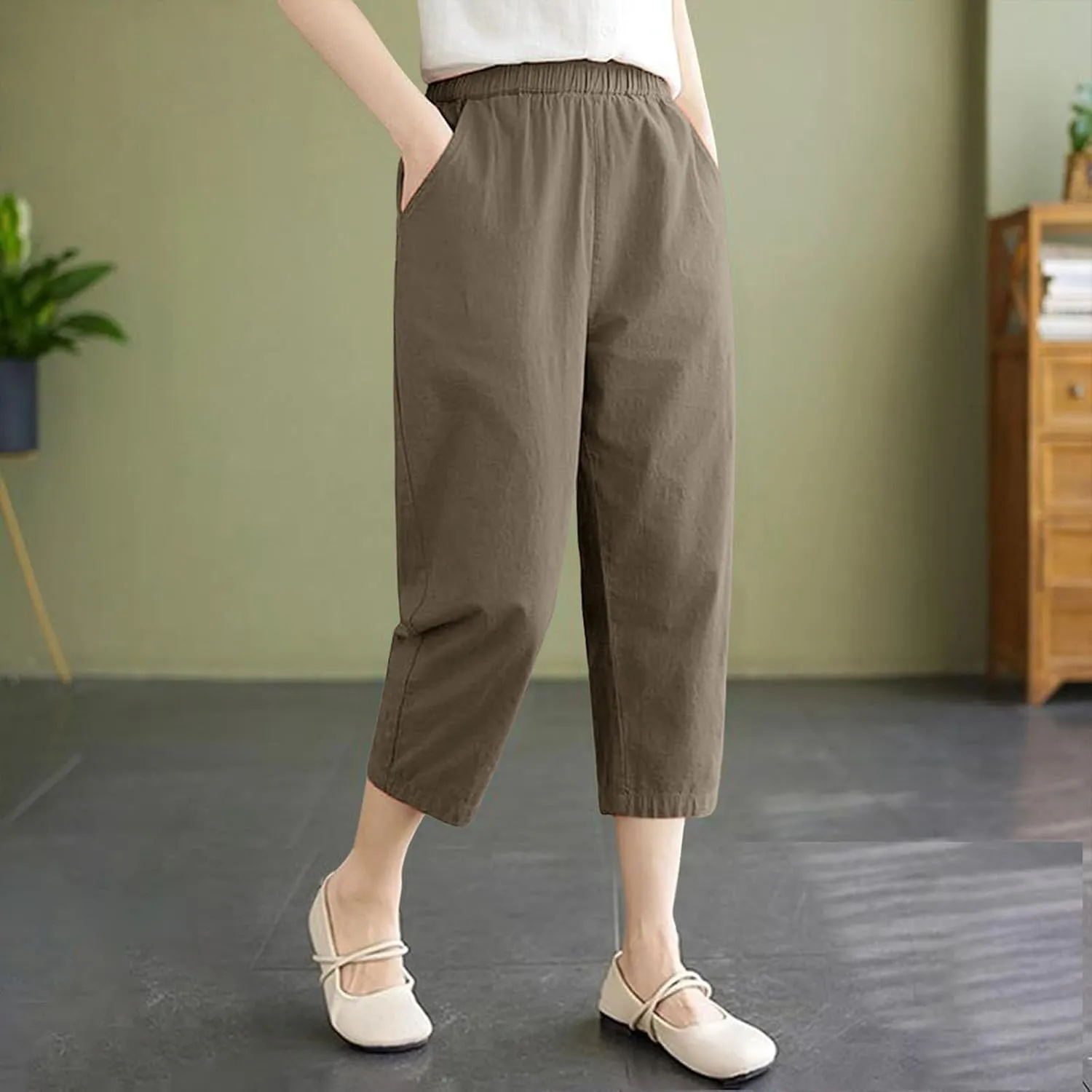 Casual Pants for Women 2025 Summer Linen Elastic Waist Capri Trousers Lightweight Breathable Hiking Pants with Pocket