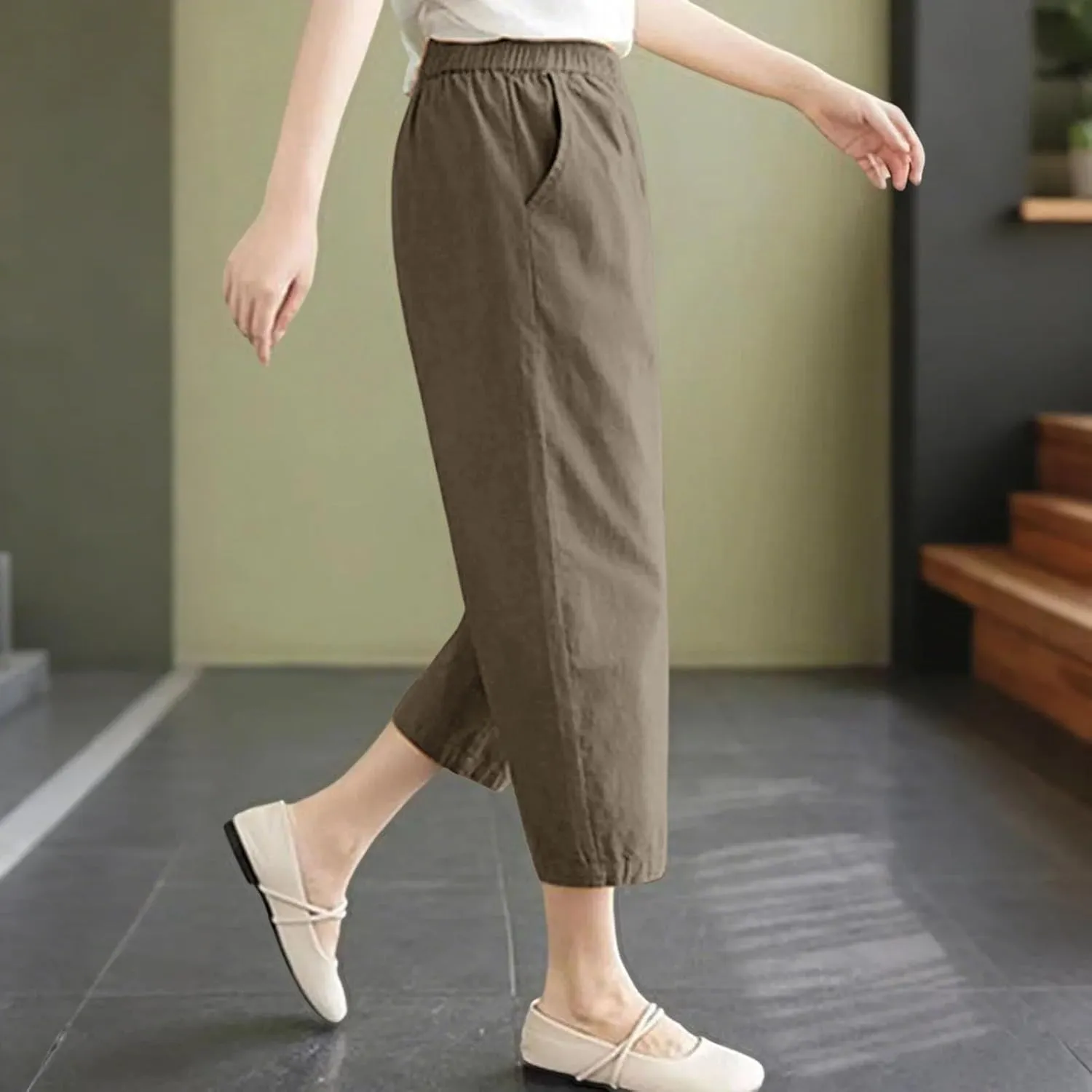 Casual Pants for Women 2025 Summer Linen Elastic Waist Capri Trousers Lightweight Breathable Hiking Pants with Pocket