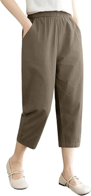 Casual Pants for Women 2025 Summer Linen Elastic Waist Capri Trousers Lightweight Breathable Hiking Pants with Pocket