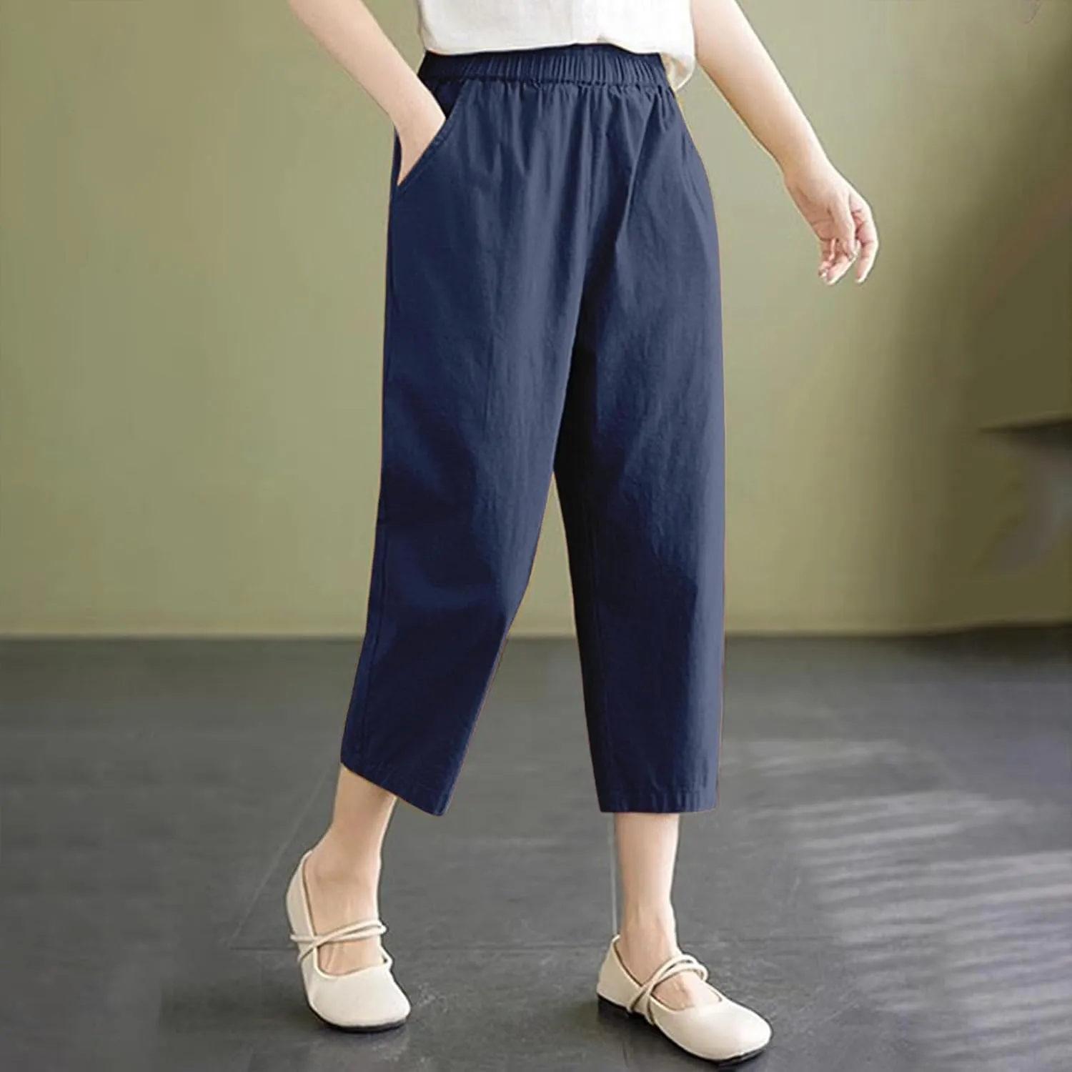 Casual Pants for Women 2025 Summer Linen Elastic Waist Capri Trousers Lightweight Breathable Hiking Pants with Pocket