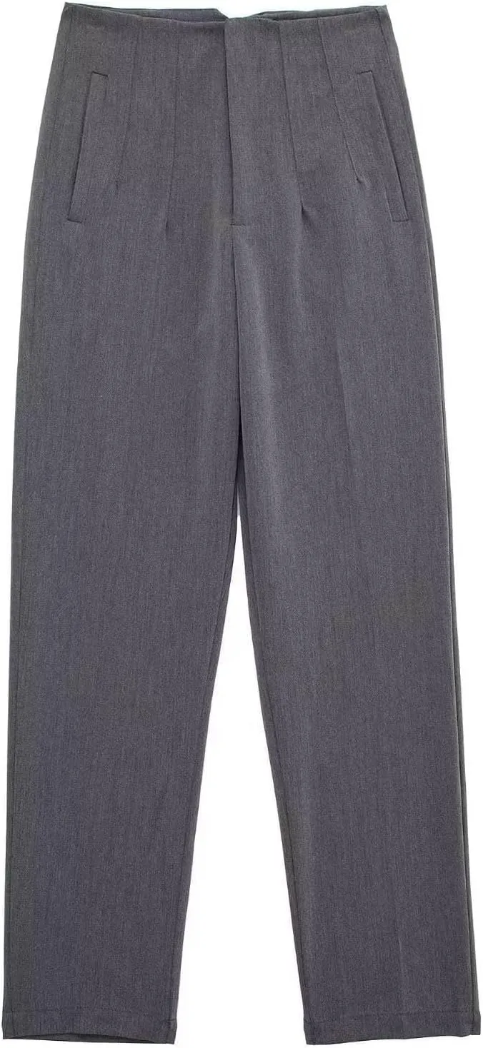 Casual Pants for Women Business Work Office Dress Trousers Solid Color High Waist Zip Straight Leg Pants with Pockets